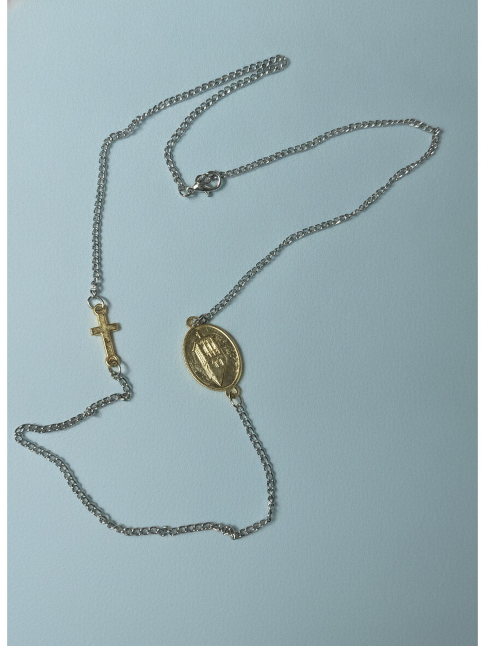 Silver and Gold Tone Religious Rosary Necklace with Cross and Medallion